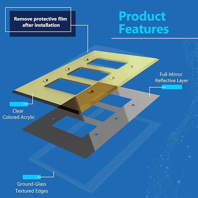 LIDER Reflective Acrylic Decorator Wall Plate, Mirrored Light Switch Plate, Plexiglass Outlet Cover, Acrylic Glass, Oversized 3-Gang 5.25" x 7.06", LWP-33O-AGD, Gold