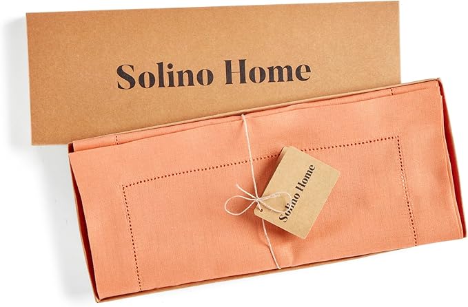 Solino Home Linen Tablecloth 60 x 144 Inch - Classic Hemstitch 100% Pure Linen Coral Table Cloth for Rectangle Tables - Machine Washable Tablecloth for Valentines, Spring, Easter