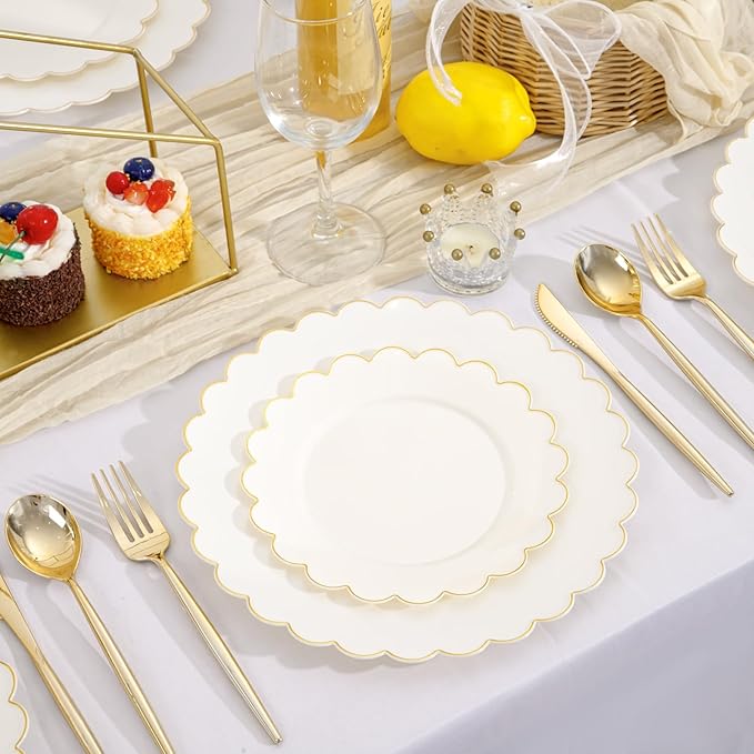 LIYH 120 Pcs Ivory Scalloped Plastic Plates Disposable - Ivory and Gold Plastic Plates - Gold Fancy Disposable Party Dinner & Dessert Plate for Wedding Birthday Valentines Day