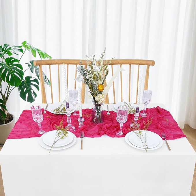 FUHSY Cheesecloth Pink Table Runner 10FT Rustic Cheese Cloth Table Runner Boho Gauze Tables Runners Long Hot Pink Runners for Tables Sheer Cheesecloths for Party Wedding Bridal Shower Decoration