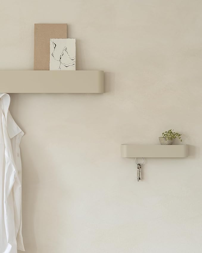 Kazai.® Coat Rack Wall Mount with Shelf 'Tone' | Modern Design Coat Hanger with Hidden Hooks and Storage | Hat Rack with Shelf in Metal | Wall-Mounted Purse Organizer | Taupe