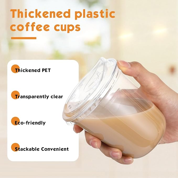 100 Sets Clear Plastic Cups with Strawless Sip Lids, Thickened Clear Disposable Plastic PET Crystal Cups for Iced Coffee, Smoothie, Cold Beverage, Drink Shops and Party Catering (14 oz)