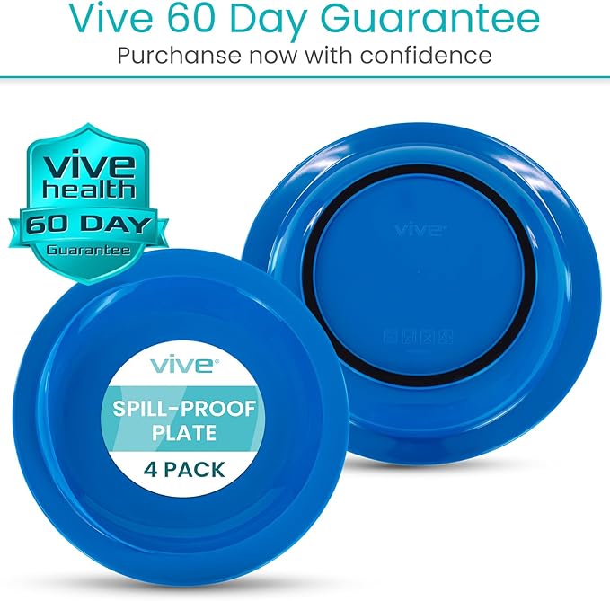 Vive Spill-Proof Scoop Plate, 9" (4 Pack) - Dish with Wall for Disabled, Handicapped, Elderly Adults with Special Needs from Parkinsons, Dementia, Stroke, Tremors with - Non Skid Padded Bottom