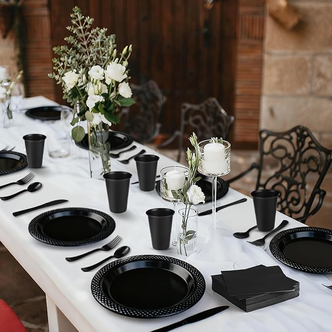 Kochorie 240 Pieces Black Plastic Dinnerware Set for 30 Guests Disposable Heavy Duty Plates Napkins Cups and Silverware Dessert Dinner Plates for Birthday Wedding Halloween Party Supplies