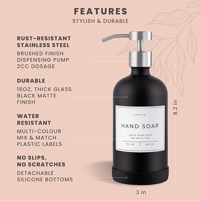Hand and Dish Soap Dispenser for Kitchen and Bathroom, Set of 2 16 Oz Glass Bottles, Stainless Steel Pumps, Non-Slip Silicone Base, 27 Waterproof Labels (Matte Black Bottle/Brushed Silver Pump)