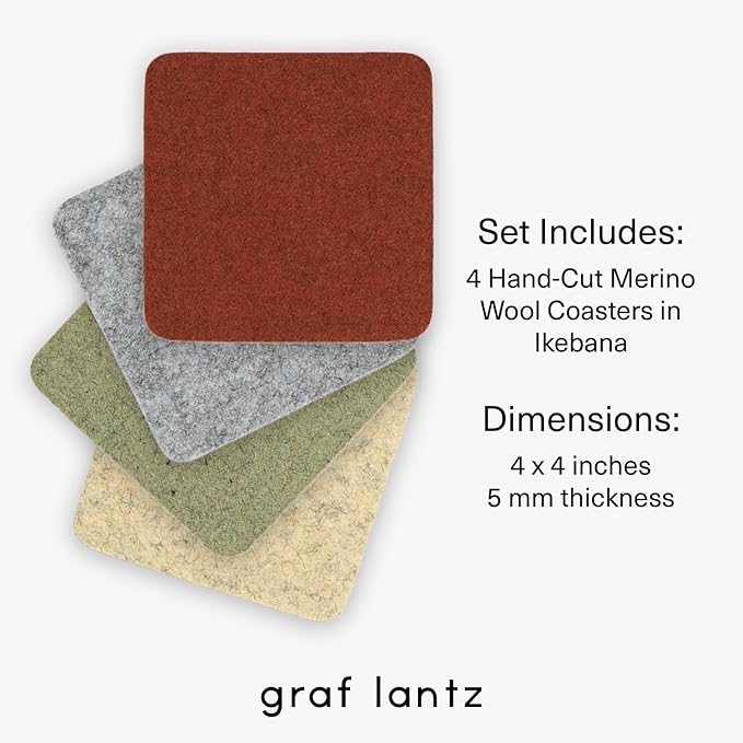 Graf Lantz - Bierfilzl Merino Wool Square Coasters Set of 4 - Ikebana (4"x4"x5mm) - Absorbs 30% of Weight - Natural German Wool - Heat Resistant, Sustainable, Reusable - Home Decor, Coffee Table Decor