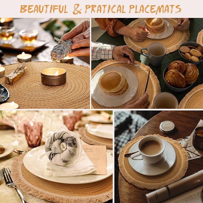 13.8 in Round Woven Placemats Set of 8, Washable Cotton Rope Place Mats for Dining Table Decor, Boho Farmhouse Rustic Table Mats Plate Chargers for Dinner Plates