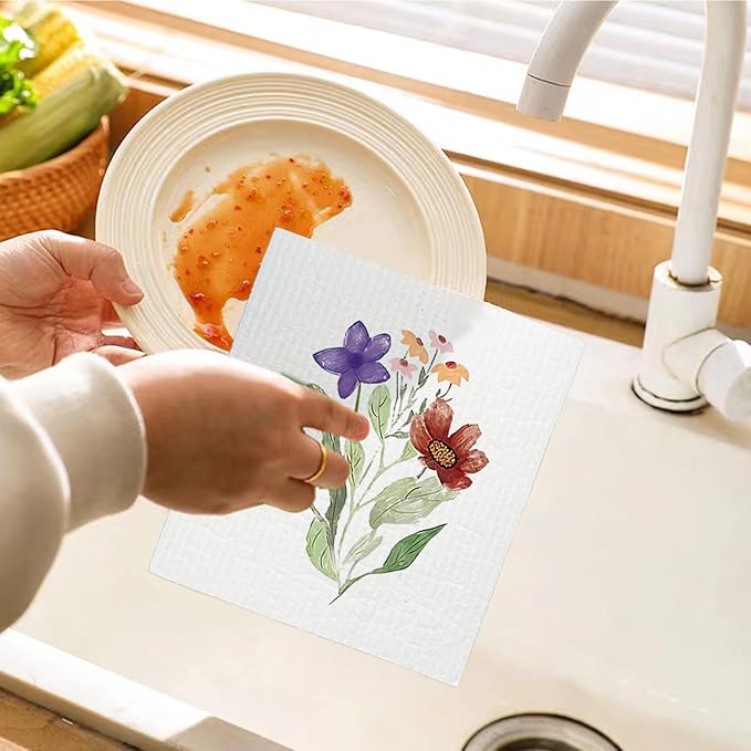 Spring Flower Swedish Dishcloths for Kitchen, Swedish Dish Cleaning Cloths for Floral, Papaya Reusable Paper Towels, 4 Pack Dish Towels for Kitchen, Reusable Paper Dishcloths Washable