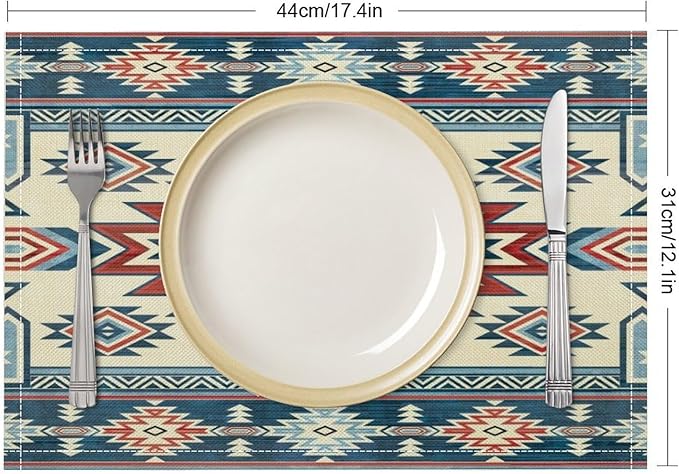 Ethnic Aztec Placemat Set, Vintage Bohemian Rustic Farmhouse Blue Red Mystic Native Tribal Geometric Totem Pattern Home Decor Linen Table Mats for Dining Room Kitchen Party (17x12in) x2P