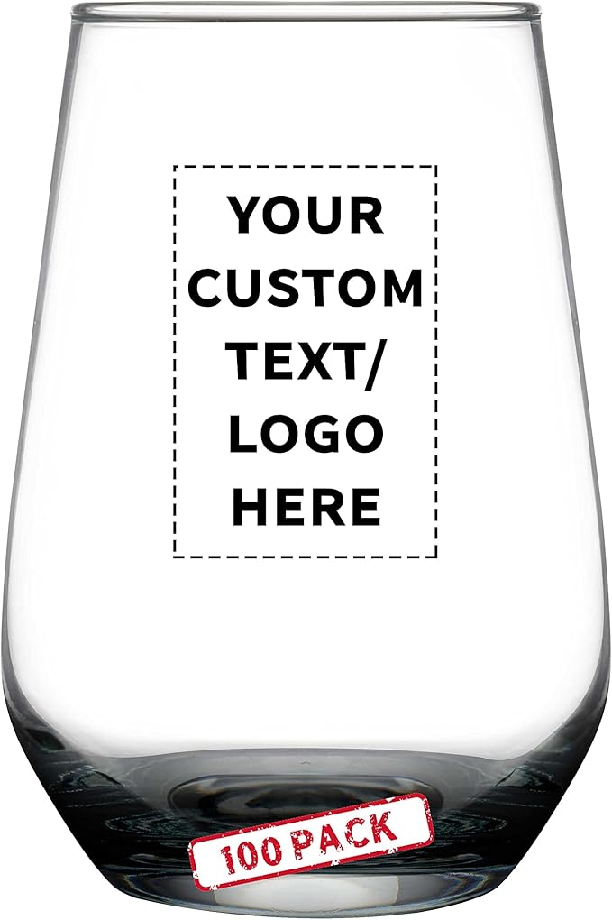 DISCOUNT PROMOS 100 Vaso Silicia Stemless Wine Glasses Set, 16 oz. - Personalized Text, Logo - Clear, Orb-Like, Thick base - Black
