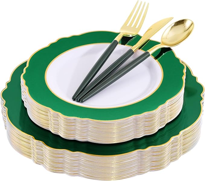 WDF 30Guest Christmas Plates Disposable - Gold Plastic Silverware With Green Handle - Baroque Green &Gold Plastic Dinnerware for Wedding Birthday Party St. Patrick’s Day