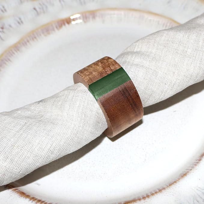 Wooden Napkin Rings Set of 8 for Dinning Table Decor - Acacia Wood Resin Napkin Holder Blue Napkin Ring for Home and Kitchen Décor (Green Round Shape)