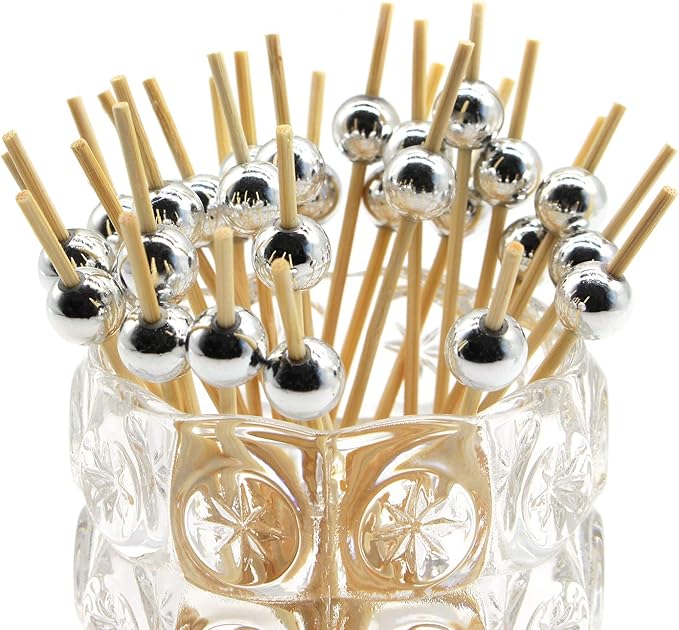 Minisland Silver Pearl Cocktail Picks, 4.7 Inch Long Bamboo Fancy Toothpicks for Appetizers, Decorative Christmas New Year Holiday Party Food Drink Garnish Fruit Kabob Skewer Sticks 100 Counts -MSL151