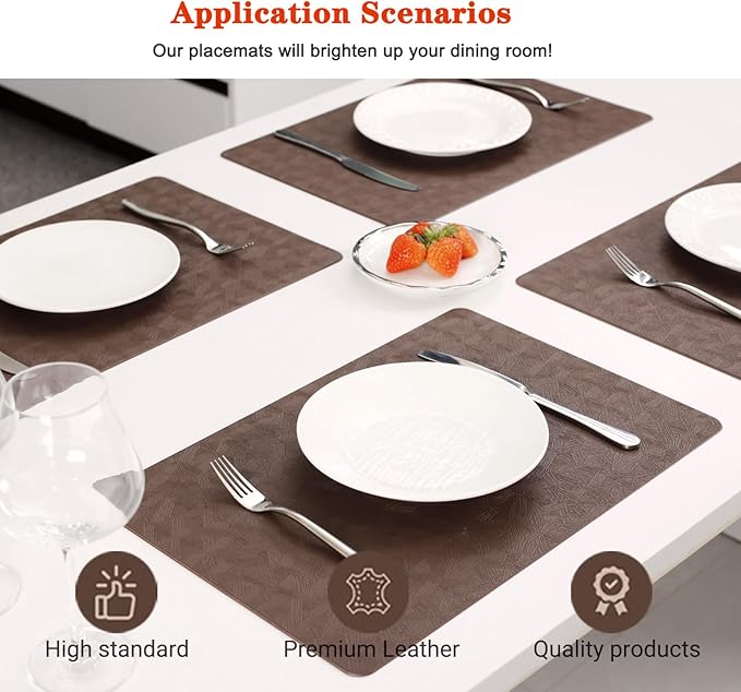 Vinyl Placemats Set of 4 Heat Resistant Easy Clean Non-Slip Place Mats for Dining Table Faux Leather Waterproof Stain Resistant Wipeable Washable PVC Table Mats(4, Brown)