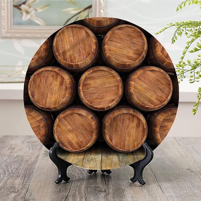 Decorative Plates, Wine Print Ornament, Wall of Wooden Barrels, 8 Inch, 1 Plate with 1 Display Stand, Multicolor