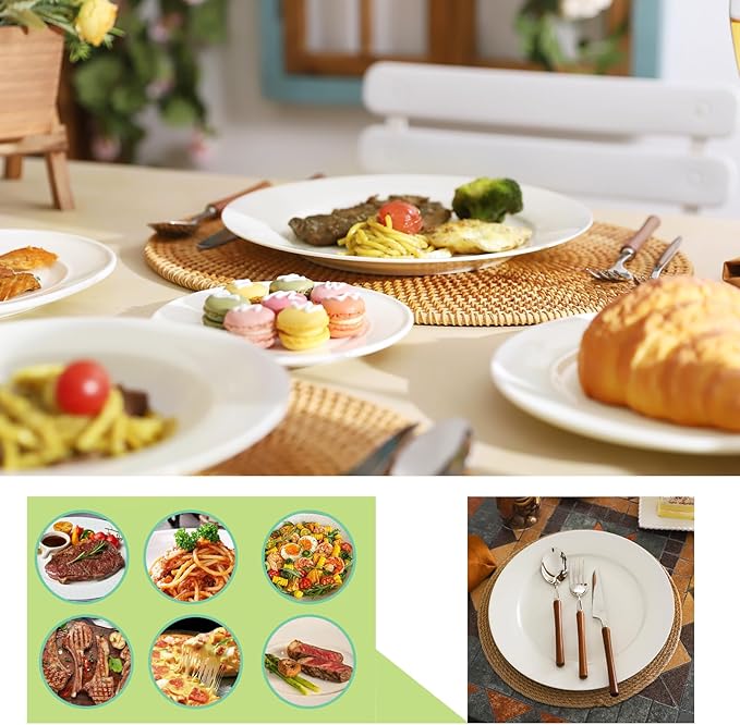 TAMAYKIM 10.5 Inch Porcelain Salad Dinner Plates 8 Pieces, Wide Rim Round Pasta Plates, Large Serving Dinnerware Sets, Scratch Resistant, Microwave, Oven, and Dishwasher Safe, White