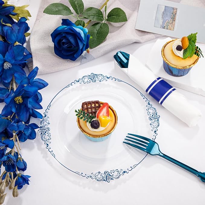 Hioasis 350pcs Clear Blue Plastic Plates - Elegant Disposable Dinnerware Set Suitable for 50 Guests Include 10.25" Dinner & 7.5" Dessert Plates, Pre Rolled Silverware Set, Cups for Party & Wedding