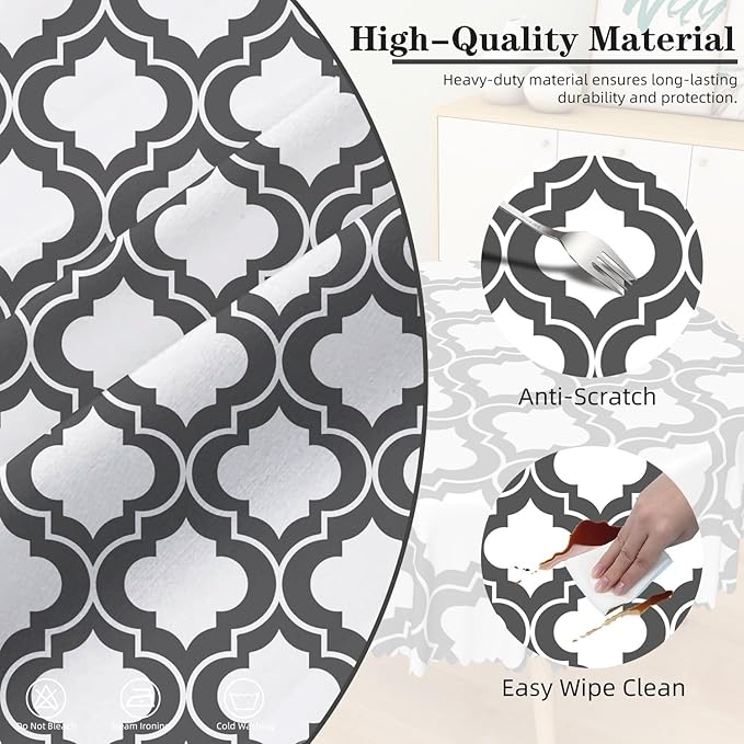 Laeacco 48 Inch Morocco Round Tablecloth Grey White Geometric Lattice Modern Abstract Art Print Table Cloth Washable Waterproof Wrinkle Free Table Cover for Kitchen Dining Picnic Party Decoration