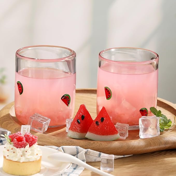 Icon Juice Glasses, 14oz Stemless Wine Drinking Juice Glass Cup for Valentine Party Supplies Gift(2 Pcs,Watermelon)