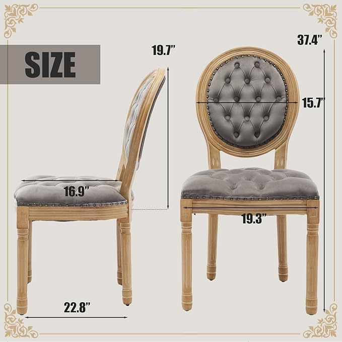 SoarFlash French Velvet Dining Chairs Set of 6, Vantage Dining Chair with Round Back, Wood Leg Farmhouse Country Dining Chair for Kitchen,Bedroom,Grey