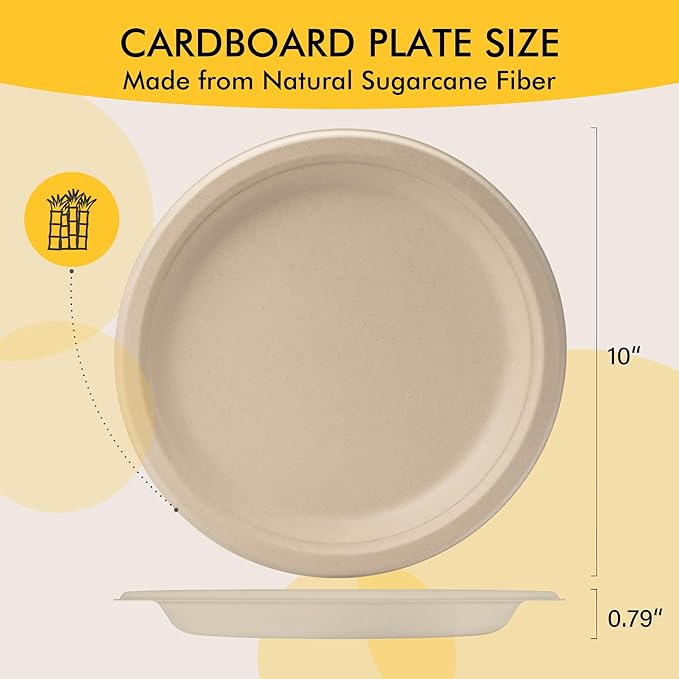 RACETOP Compostable Paper Plates 10 Inch [150 Pack], Disposable Biodegradable Heavy Duty Paper Plates, Made of Natural Sugarcane Fibers, Unbleached Brown, Round