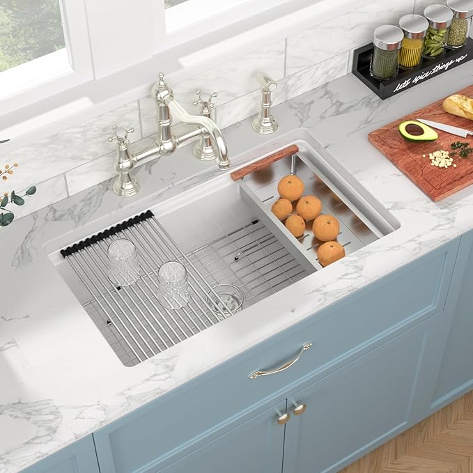 Sarlai White Undermount Kitchen Sink 33 Inch White Sink Ceramic Kitchen Sinks Drop In Single Bowl Ledge Workstaion Topmount Fireclay Basin 33 x19 x10 Inch