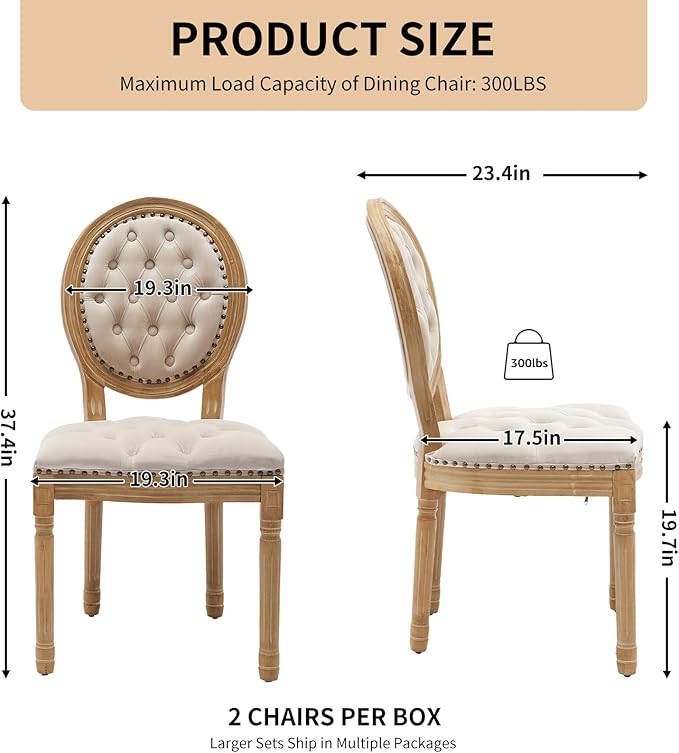 Vintage French Dining Chairs Set of 6, Round Back Velvet Upholstered Accent Chairs with Nailhead Trim and Solid Wood Frame, Elegant Sillas de Comedor for Dining Room & Kitchen, Beige
