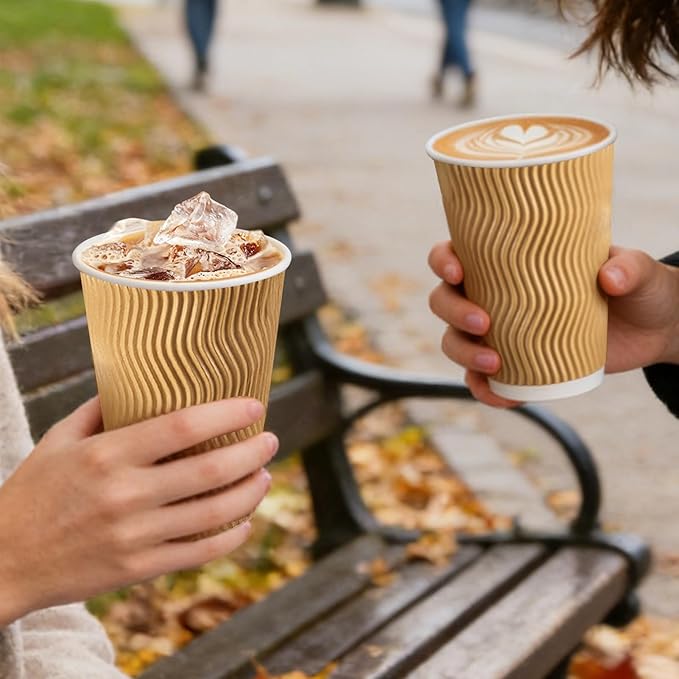 500 Pack 16 oz Disposable Coffee Cups No Lids, Insulated Ripple Wall Paper Coffee Cups 16oz for Hot Chocolate Tea Home Travel Office (Champagne)