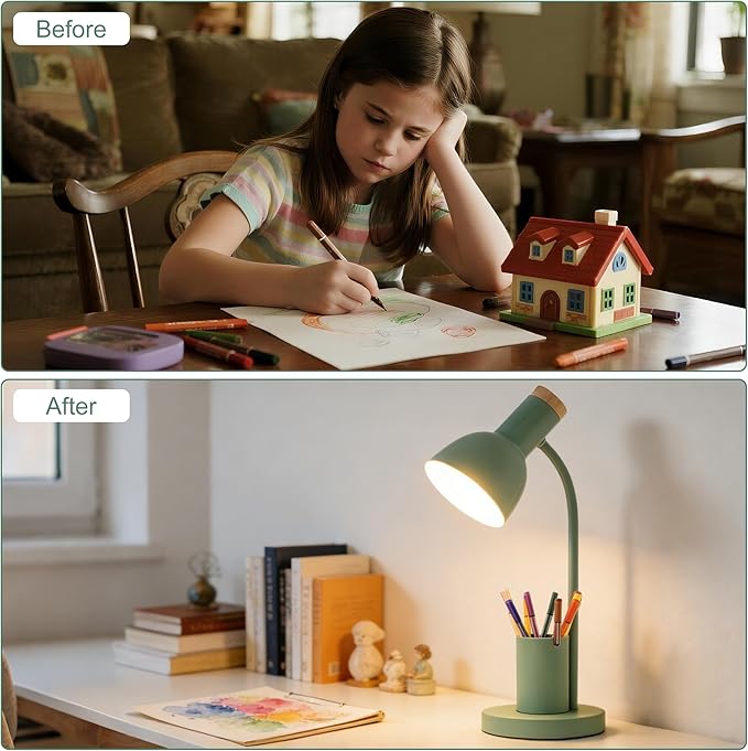 WLHONG LED Desk Lamp, Table Lamps with Pen Holder, 3 Color Modes Eye-Caring Reading Light with Flexible Gooseneck, Study Lamp for Kids Bedside Home Office Room College Dorm Essentials (Green)