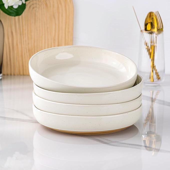 AmorArc 8.75'' Large Ceramic Pasta Bowls, 36oz Handpainted Stoneware Bowls Set of 4, Microwave&Dishwasher Safe Bowls with Wavy Rim&Rustic Terracotta Underside for Pasta Salad, Light Beige