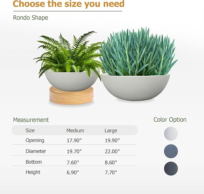 7.7" H x 22" D Round Bowl Fiberstone Planter for Succulent and Lotus with Drainage Hole, Smooth Finishes, Weather Resistant, Included 2 Extra Coco Mats (Light Gray, 19.9" Pot Opening)