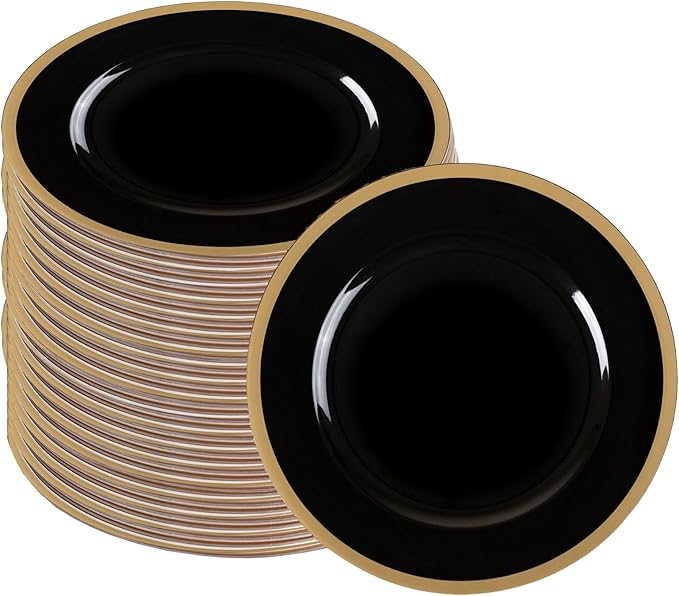PARTY BARGAINS 13-Inch Charger Plates - 48 Pack, Black Gold Rim, Heavy-Duty Disposable Chargers for Elegant Dining - Ideal for Weddings and Formal Events