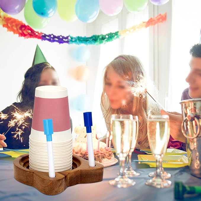 Cat Face Party Cup Holder, Scratch Resistant Drink Organizer with Marker Slots for Birthdays, Holiday Gatherings, Wooden Cup Stand Fits Variety of Disposable Cup Sizes for Kitchen Countertop
