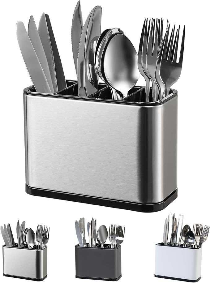 Utensil Holder,Stainless Steel Caddy Counter,Spoon holder,4 Compartments Silverware Caddy,Capacity Flatware Spoon Fork Tool Cutlery Holder（Silvery）