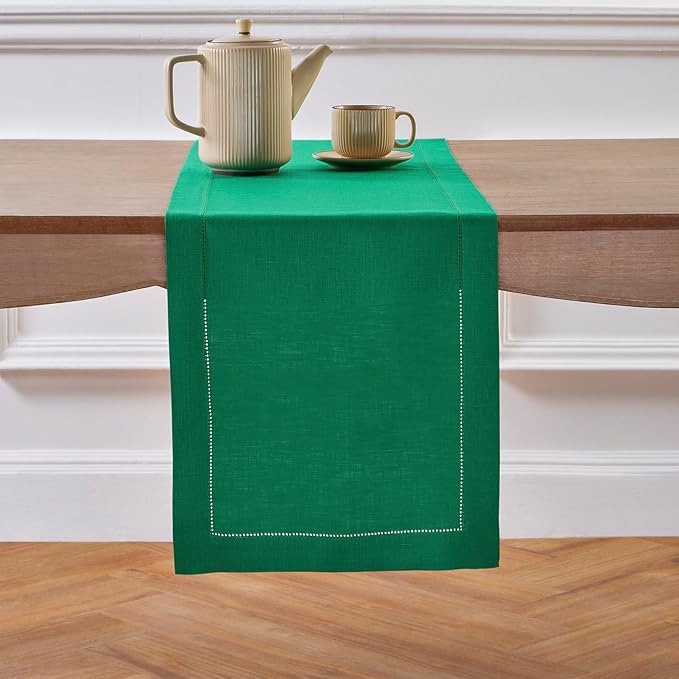 Solino Home Linen Emerald Green Hemstitch Table Runner 48 Inches - 100% Pure Linen Small Table Runner 14 x 48 Inch Ideal for Dresser and Coffee Tables - Classic Hemstitch - St Patricks Day