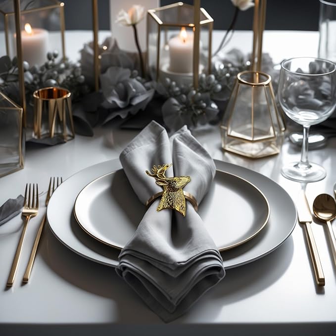 Decozen Set of 12 Gold Napkin Rings in Stag Design, Festive, Table Decor Setting for Holiday, Wedding, Birthday, Kitchen, Home Decor, Housewarming Gift - Thanksgiving & Christmas Gift Decoration