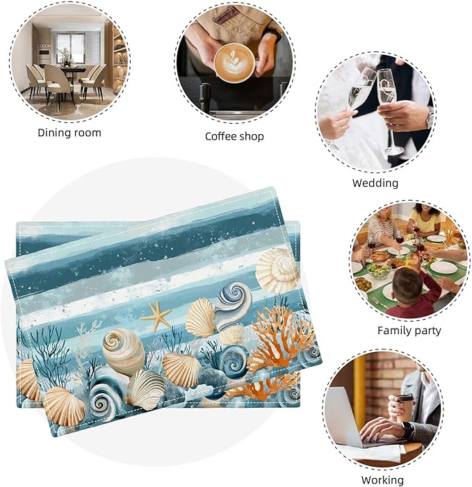 Ocean Seashell Placemats Set of 4, Beach Starfish Place Mats, Coastal Marine Life Waterproof Washable Table Mats for Home Party Indoor Kitchen Dining Table Decoration 12x18 Inch