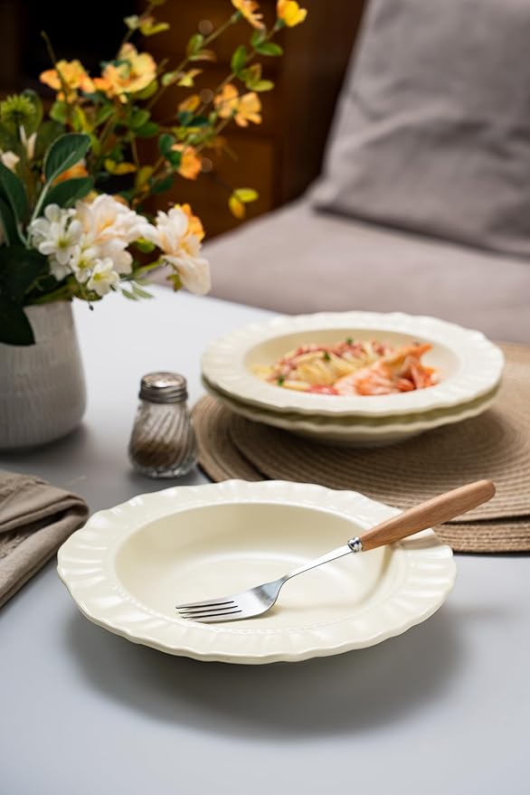 Ceramic Soup Bowls 8.6 in, Pasta Bowls & Plates, Cream color Floral-Embossed Wide Rim Shallow Bowls Set of 4, Italian Carving Design, Matte Finish Porcelain, Microwave & Dishwasher Safe