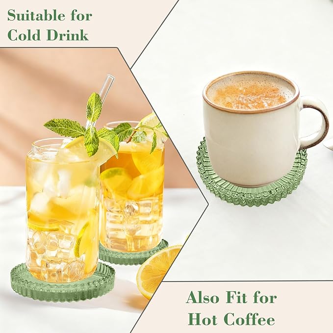 Glass Coasters Set of 4 for Drinks, Round Modern Set with Raised Edge Lip, Decorative & Aesthetic for Dining Table, Living Room, Office Desk