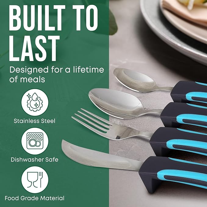 BUNMO Adaptive Utensils for Elderly, Arthritis, Weak Hand Grip, Tremors & Handicapped - Convenient Travel Pouch - 3.35oz Lightweight - Stainless Steel - Eat Independently - Adaptive Blue 4 Piece Set