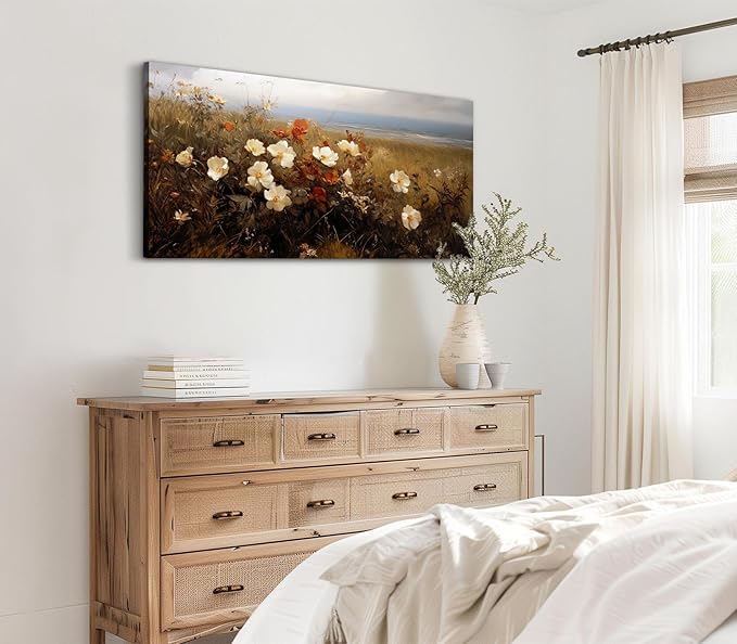 ADJUVANT Wall Art Vintage Coastal Wildflower Field 60"L x 30"W, Seaside Meadow With White And Orange Blooms Canvas Painting Nature Artwork Retro Floral Prints Botanic Wall Decor for Living Room Bedroom