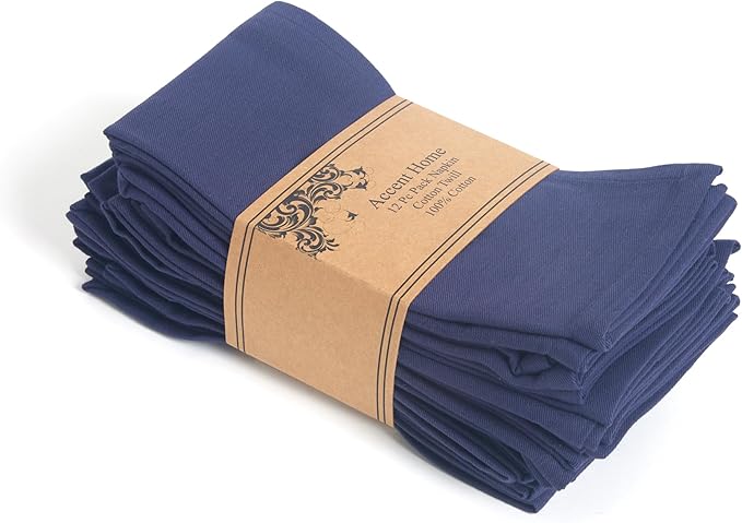 ACCENTHOME Accent Home 100% Cotton Napkins, Delicate Cloth Napkins for Dinners, Parties and Weddings，18 x 18 Inch Set of 12 - Navy