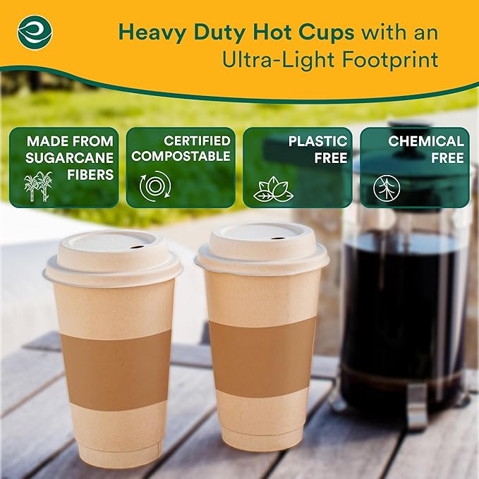 ECO SOUL 50 Pack 16 oz Disposable Coffee Cups with Lids & Sleeves Eco-Friendly, Biodegradable, Compostable, Leak-free & Sturdy To Go Hot Drink Cup for Tea, Chocolate Party Travel Cafe Office & Home