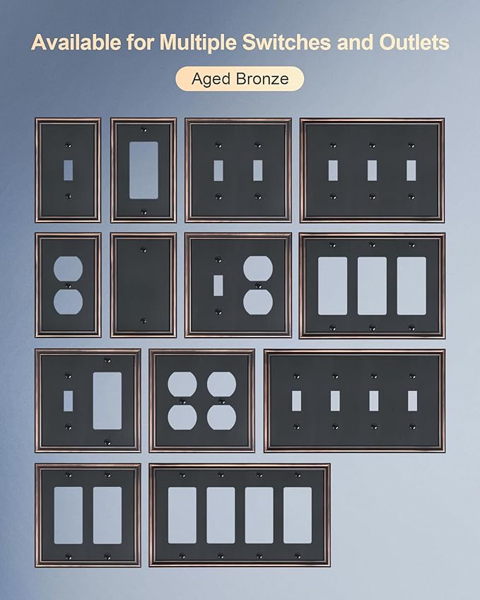 6-Pack Single Duplex Outlet Cover Plate, Decorative Aged Bronze Switch Plates and Outlet Covers, Metal Wall Plates for Electrical Outlets, 1 Gang Receptacle Cover, Corrosion Resistant