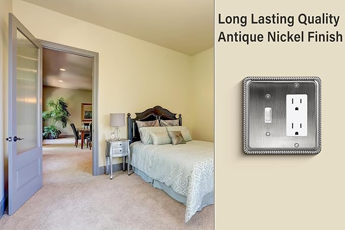 Henne Bery Rope Edge Decorative Wall Plate Switch Plate Outlet Cover (Toggle/Decorator, Heirloom Silver)