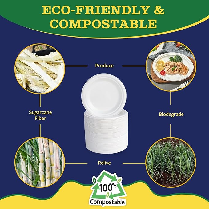 10” Compostable Plates, 125-Pack | Biodegradable Sugarcane | Sturdy, Microwave-Safe Disposable Plates for Parties & Events