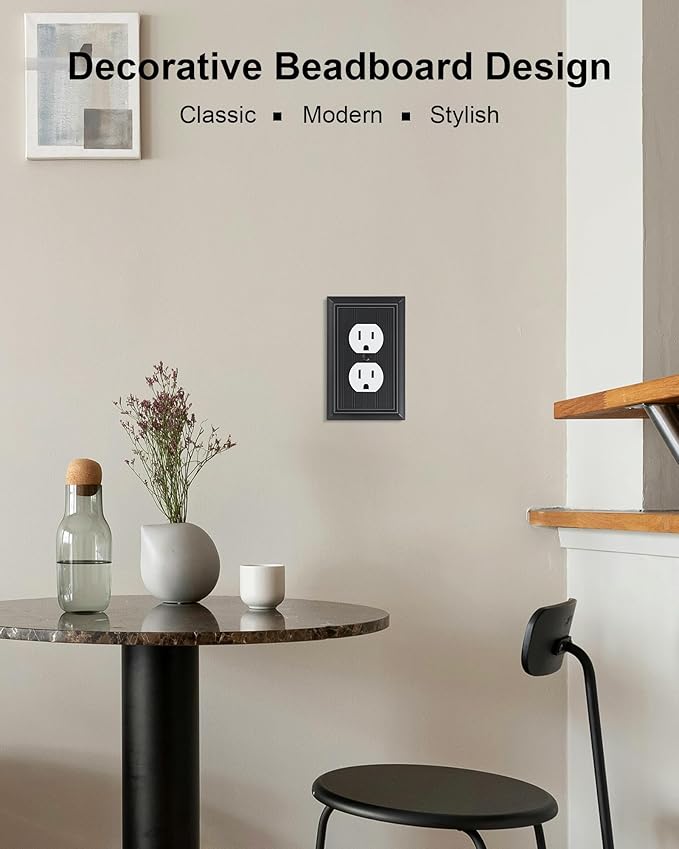 4-Pack Classic Beadboard Duplex Outlet Cover Plate, Decorative Matte Black Switch Plates and Outlet Covers, Natural Bamboo Fiber Wall Plates for Electrical Outlets, 1 Gang Receptacle Cover