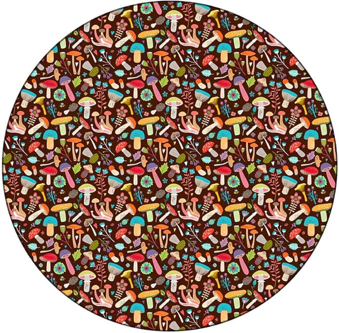 Round Edge Closing Tablecloth, Mushrooms Elastic Edged Tablecloth, Attractive Various Cartoon Leaves and Mushrooms Graphic, Fit Round Tables 28inch Diameter, for Indoor Outdoor Fits, Brown