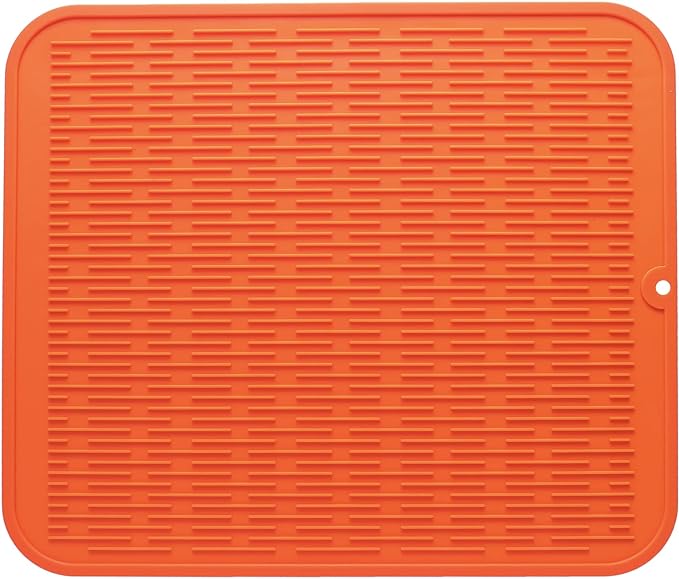 Silicone Dish Drying Mat for Multiple Usage,Easy clean,Eco-friendly,Heat-resistant Silicone Mat for Kitchen Counter or Sink,Refrigerator or Drawer Liner Orange XL 18 inches x 16 inches