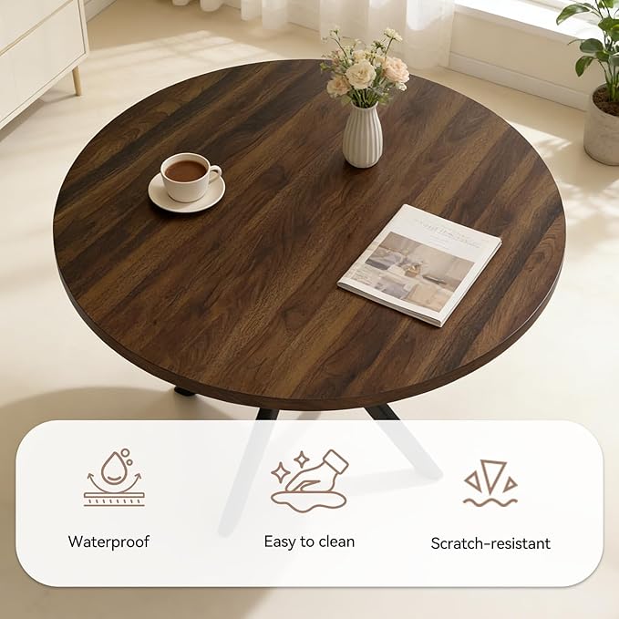 44" Round Dining Table with Cozy Chair Set for 4, Modern Mid-Century Dining Table Set of 4, Dinette Sets with Metal Leg for Kitchen Dining Room Apartment(Walnut Table + Gray Chairs)